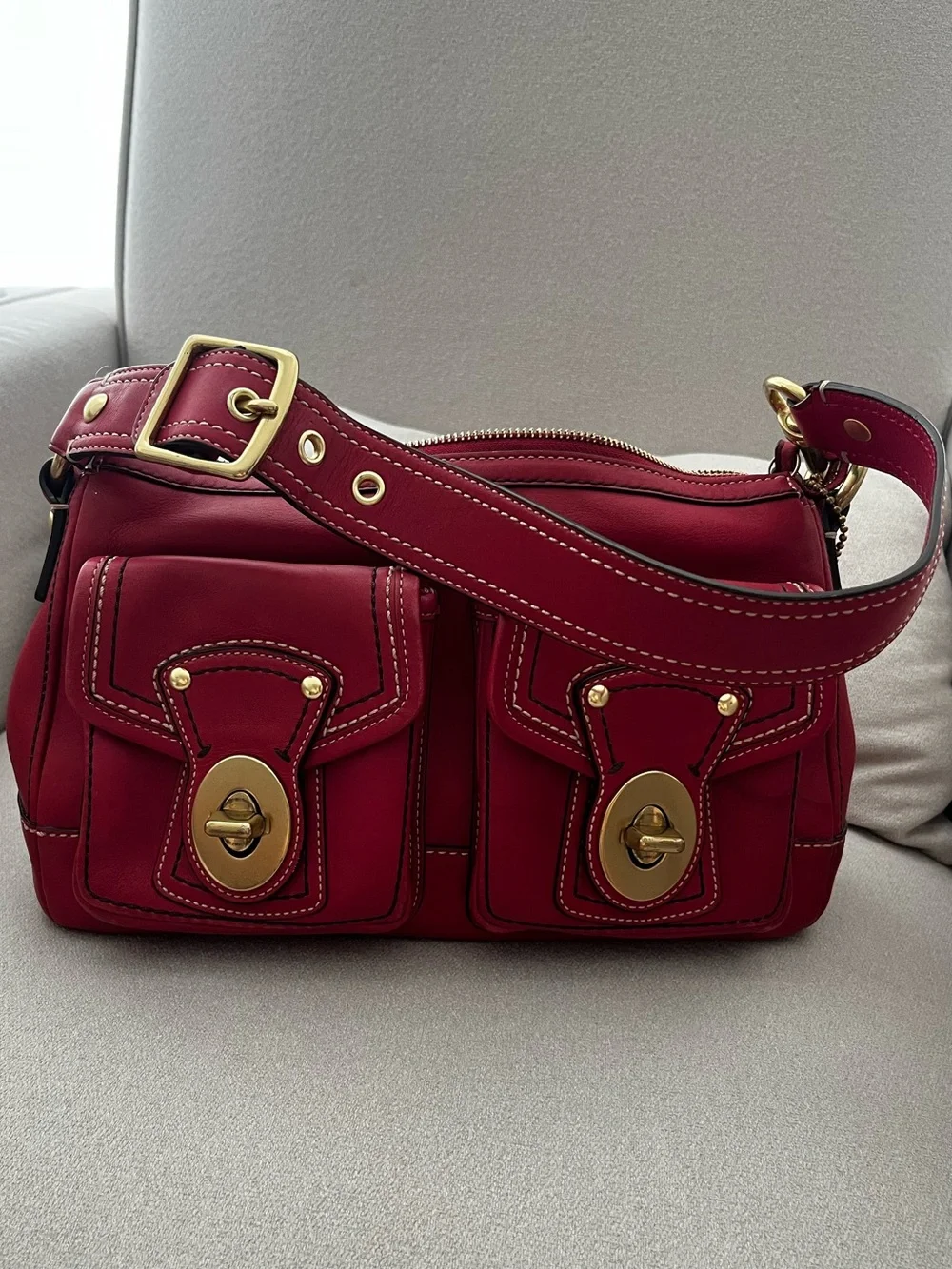 Coach Turnlock Legacy Red Raspberry  Leather Shoulder Bag with Gold Hardware